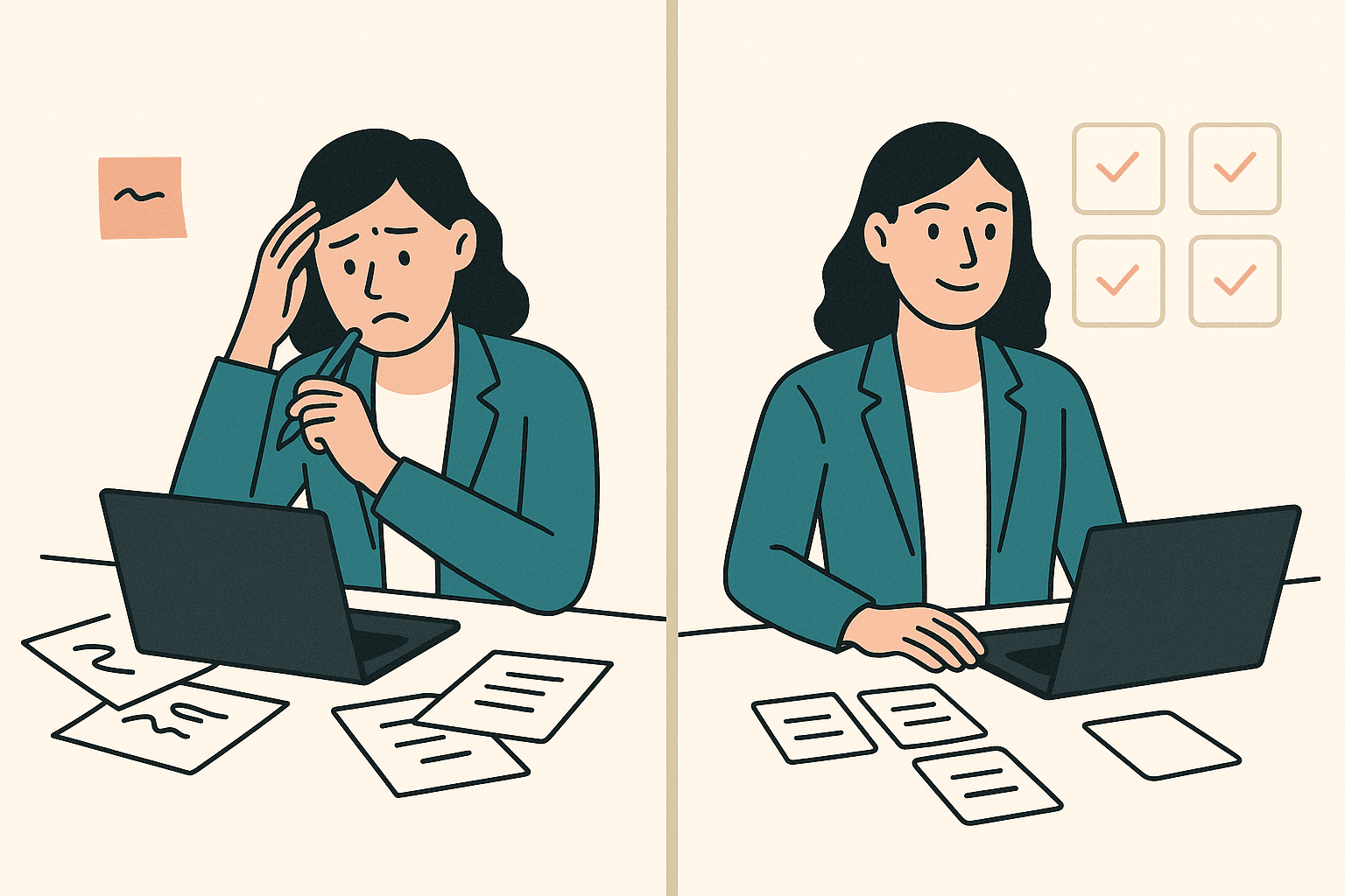 Split-screen illustration of a frustrated HR professional versus a confident HR professional using a structured prompt.
